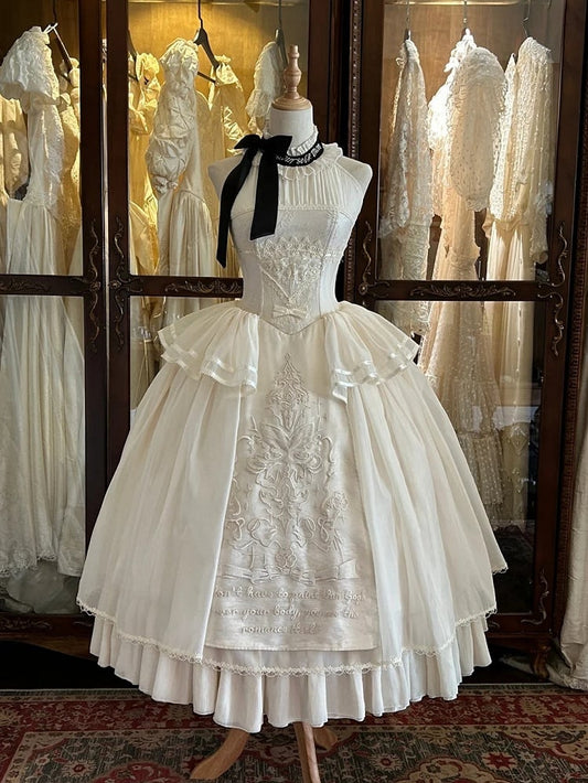 Neckholder-Detail Klassisches Cremefarbenes Kleid Lolita Stickerei Rückenfrei Zart