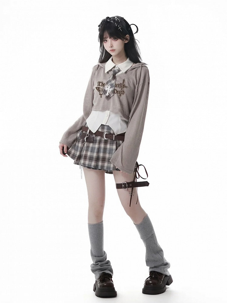 Y2K Lace-up Black Detail Plaid Skort with Buckle Belt and Chain White/ Khaki