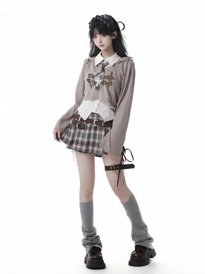 Knit Coverup Gray/Khaki V-neck Butterfly Print Hooded