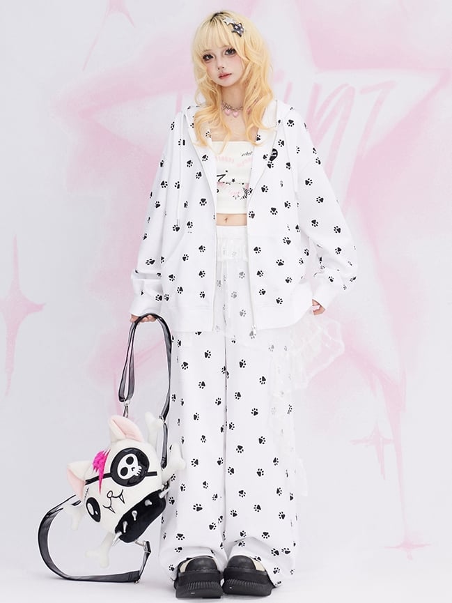 White Cat Paws Allover Cat Ears Design Spring Zip Hoodie