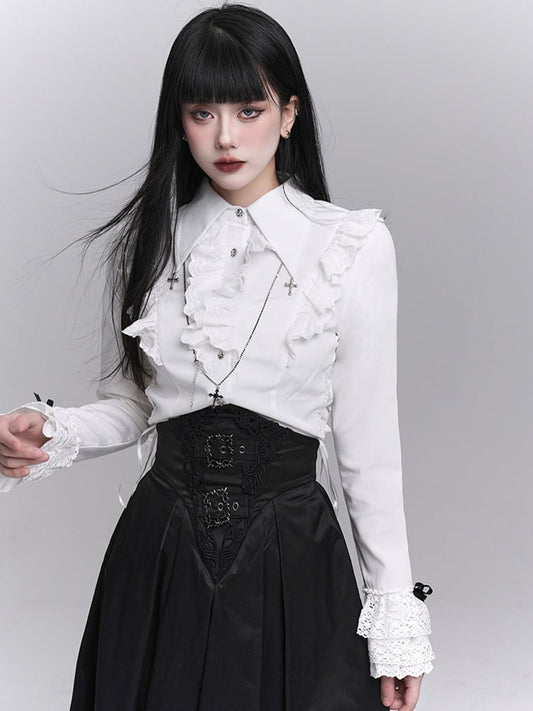 White Placket Waist Ruffled Adjustable Lace-up Goth with Blouse Victorian