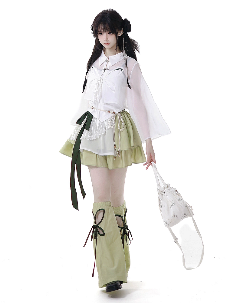 ボタンスタイルシャツ チャイナドレス 蝶型カットアウト ホワイト シースルー シフォン ノット ショートバージョン