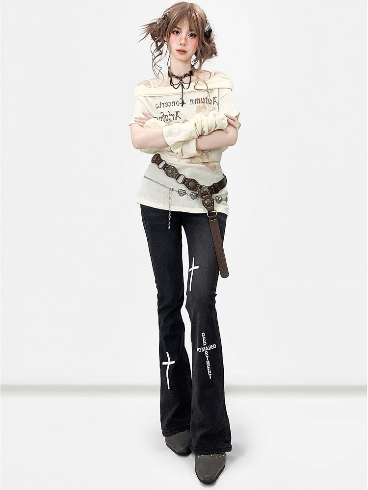 Flare Black Wings Print Y2K Jeans und Silhouette Kreuz