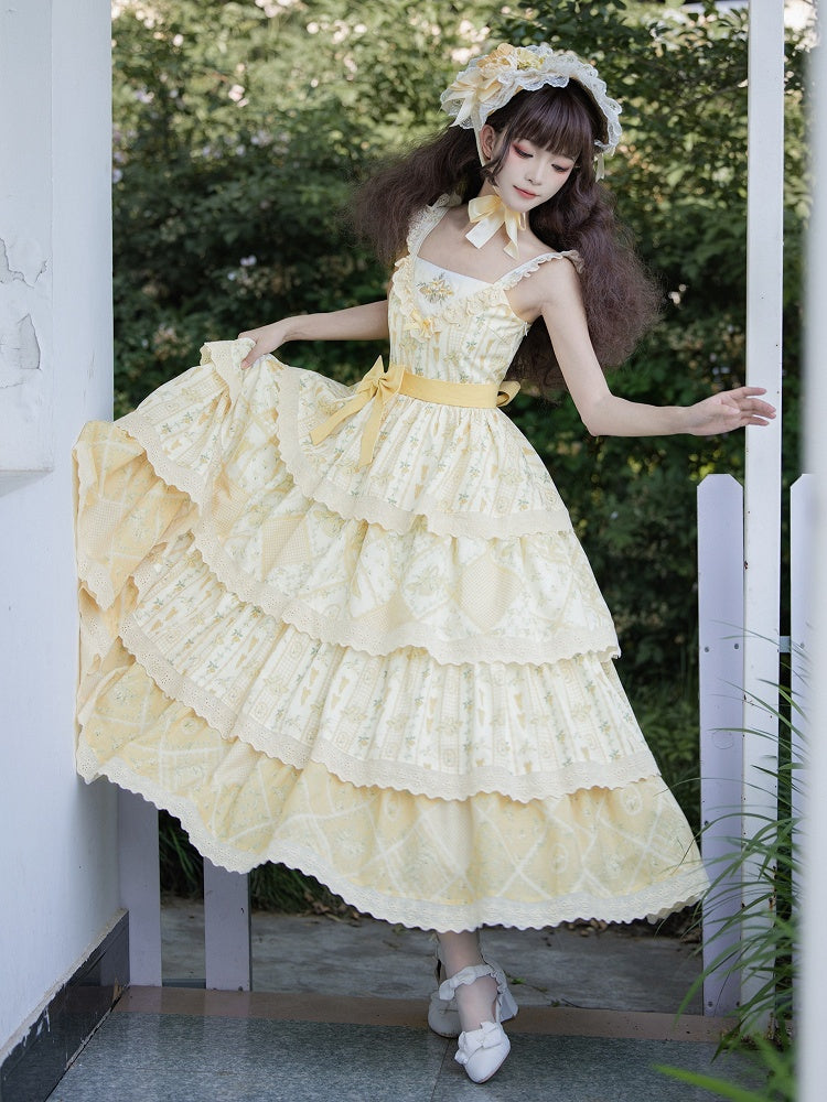 Lily and Cherry Print Yellow Natural Kei Lolita Tiered Dress - With PUJI