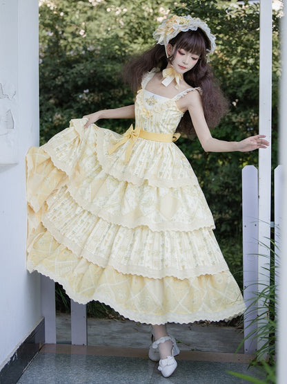 Lily and Cherry Print Yellow Natural Kei Lolita Tiered Dress - With PUJI