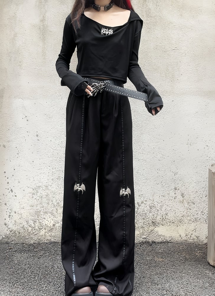 丈長めのフロア ブラック メタル ドラゴン ニー ワイドレッグ パンツ