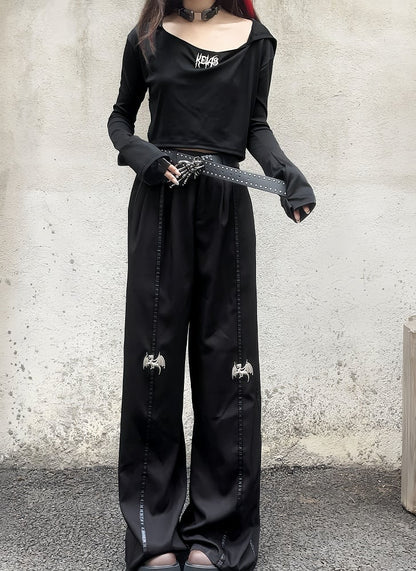 丈長めのフロア ブラック メタル ドラゴン ニー ワイドレッグ パンツ