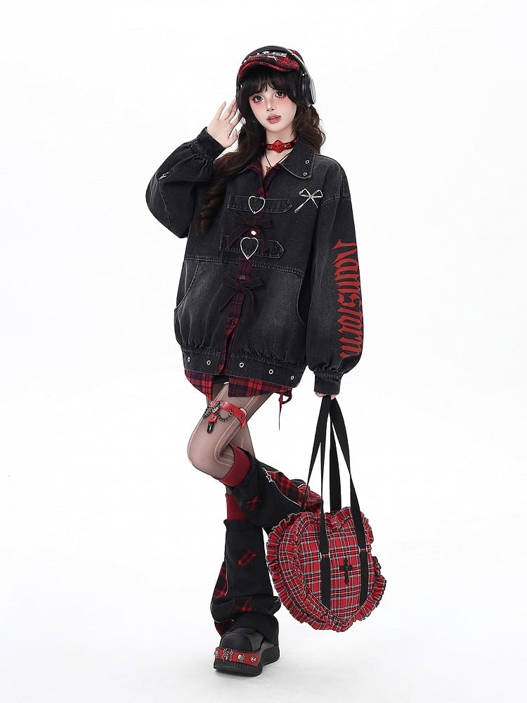 Faux Two-Piece Denim Jacket with Plaid Patchwork and Bowknot Details Black