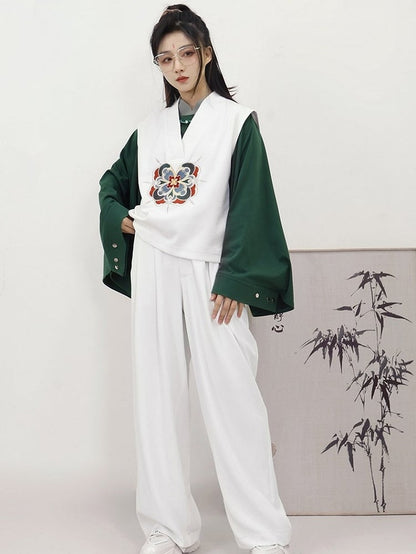 Unisex Floral White Detachable in Chain Tassel Chinese Style Vest V-neck Stitchwork