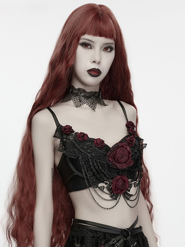 Goth Lace Chain Bralet with Black & Red Rose Motif - Punk Rave