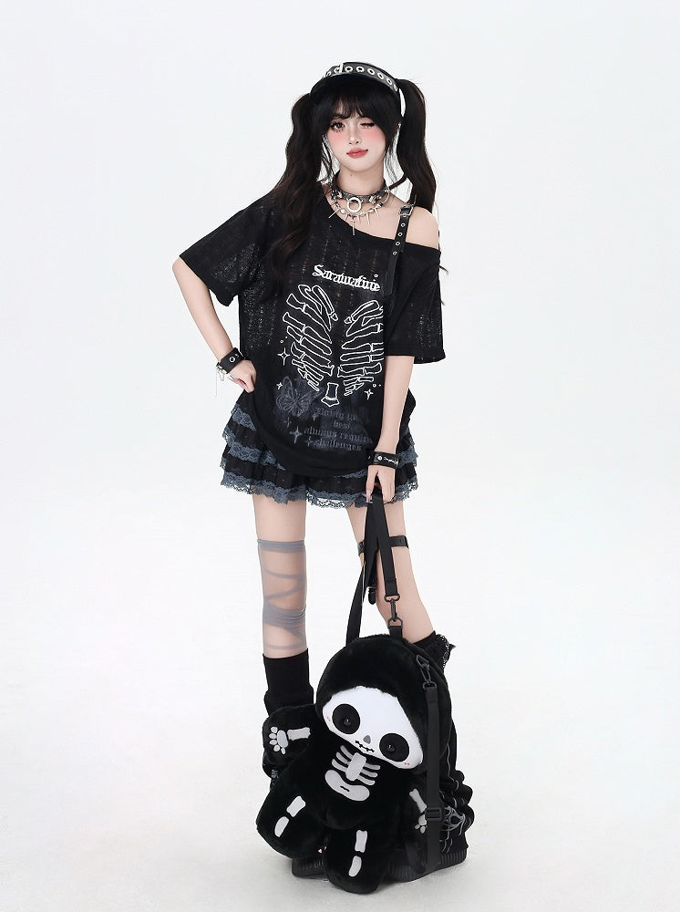 Y2K アシンメトリーネックライン スケルトン ハートプリント ブラック/グレー/ホワイト Tシャツ