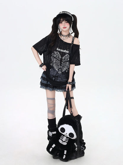 Y2K アシンメトリーネックライン スケルトン ハートプリント ブラック/グレー/ホワイト Tシャツ