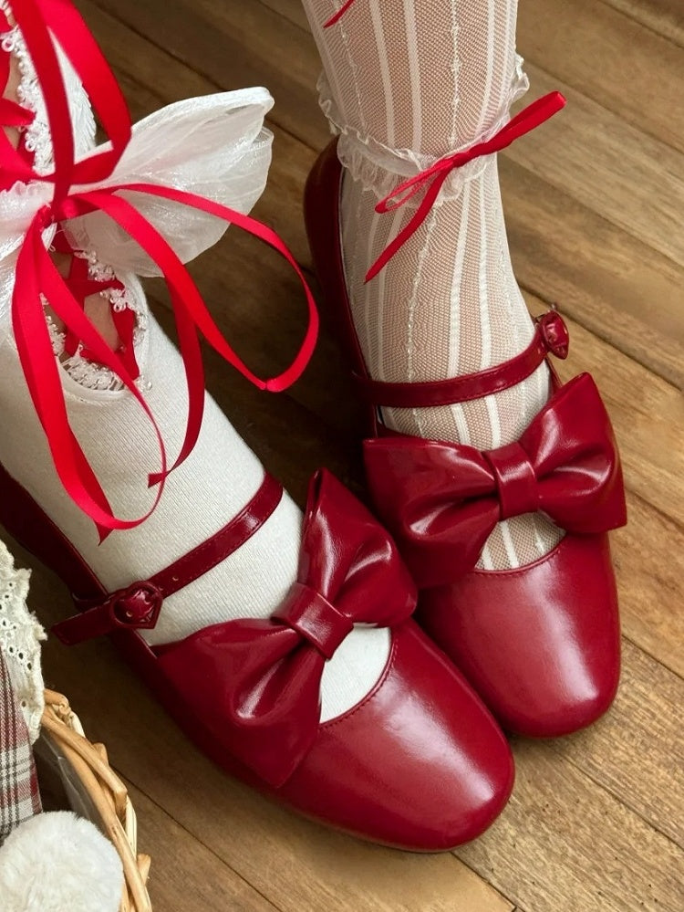 Heel Bow PU Heart Red Lolita Mid with Elegant - Buckle Mary Accents Janes