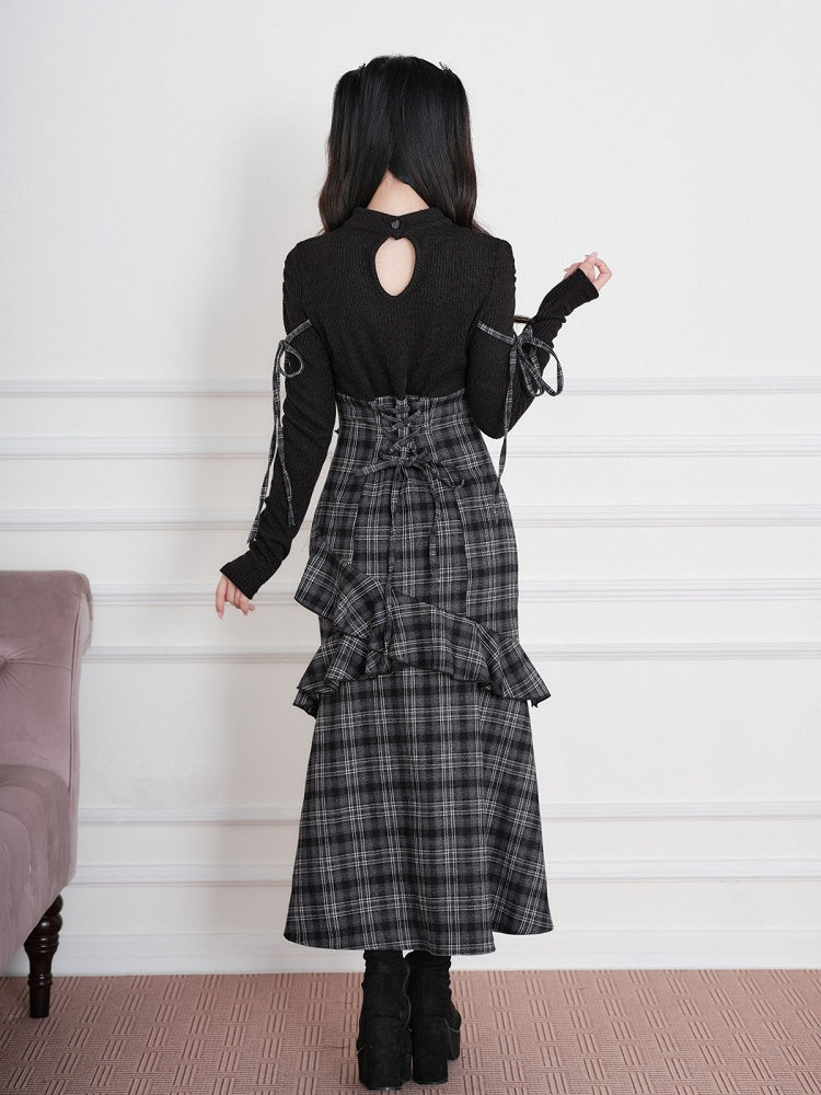 Black Jirai-Kei Faux Two-Piece Plaid Knit Long-Sleeve Dress, Ruffles & Hem Slit - No Genki
