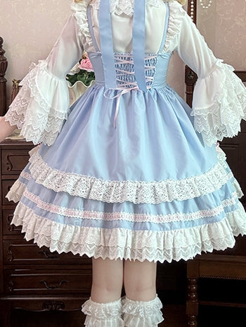 Süßes Lolita-Kleid mit Spitzenbesatz, rosa Schleifen, blau, JSK