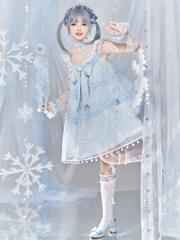 Hellblaues Halsband mit Schleife und Schneeflockenanhänger