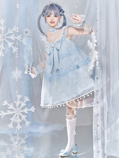 ライトブルーのスノームーンキャッスルオーバーレイポンポントリムドレススイートロリータジャンパースカート