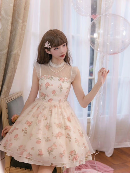 Kleid Rosa Print Rosette Weiß Illusion Lolita Sommer Ausschnitt