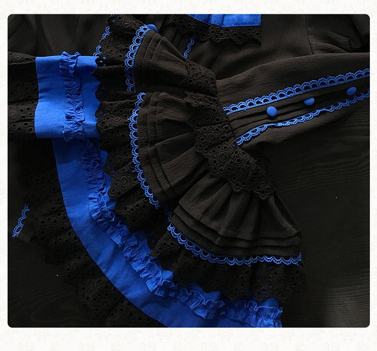 Klein Blau Hemd Ärmel Gothic Schwarz Lolita Glocke und