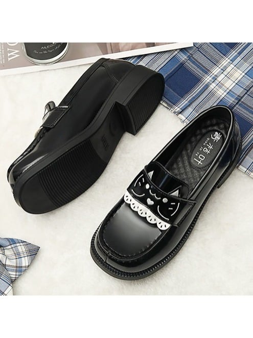 Women's Low Heel Mary Jane School Shoes with Cat Embroidery