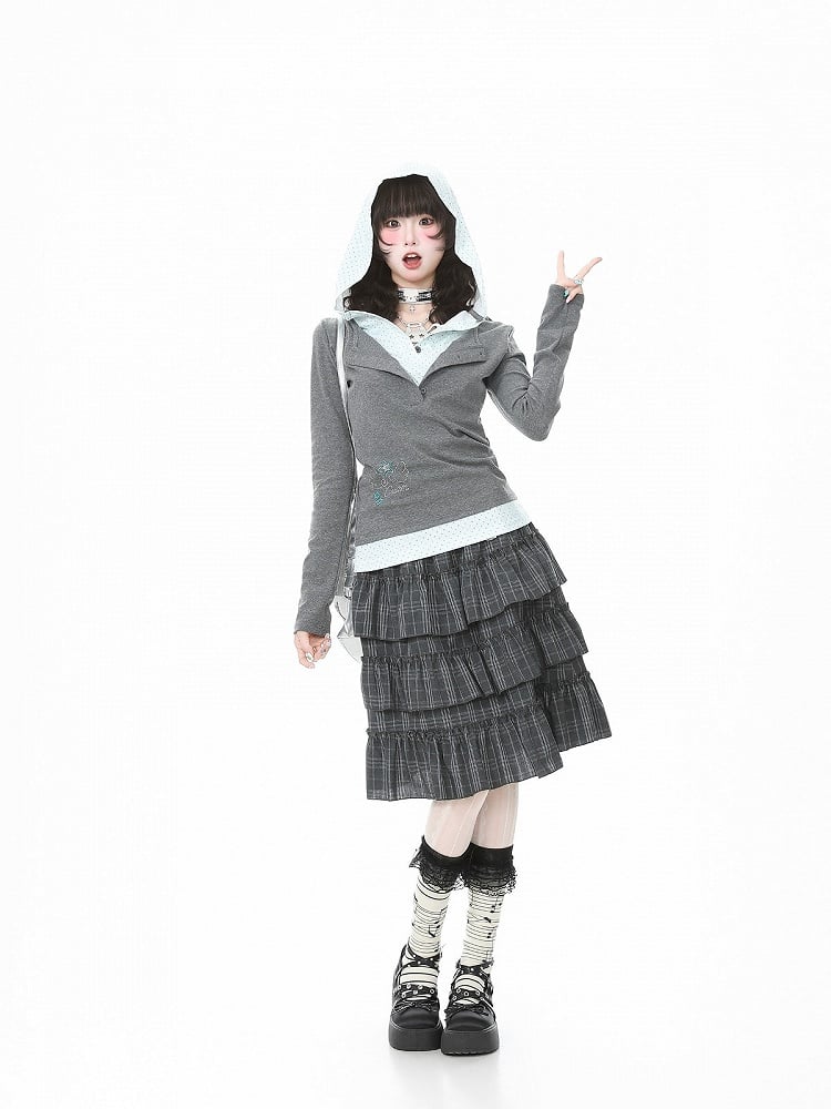 Ruffle Daily Embroidery Plaid Skirt Kawaii With Gray