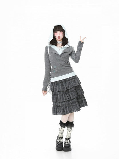 Ruffle Daily Embroidery Plaid Skirt Kawaii With Gray