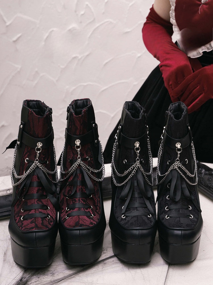 Platform Gothic Block Heel Style in Decor Black Chain High Boots Multi Removable Red System Fastening