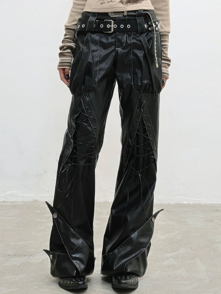 PU Punk Rock Black with Lace-Up Details Pants