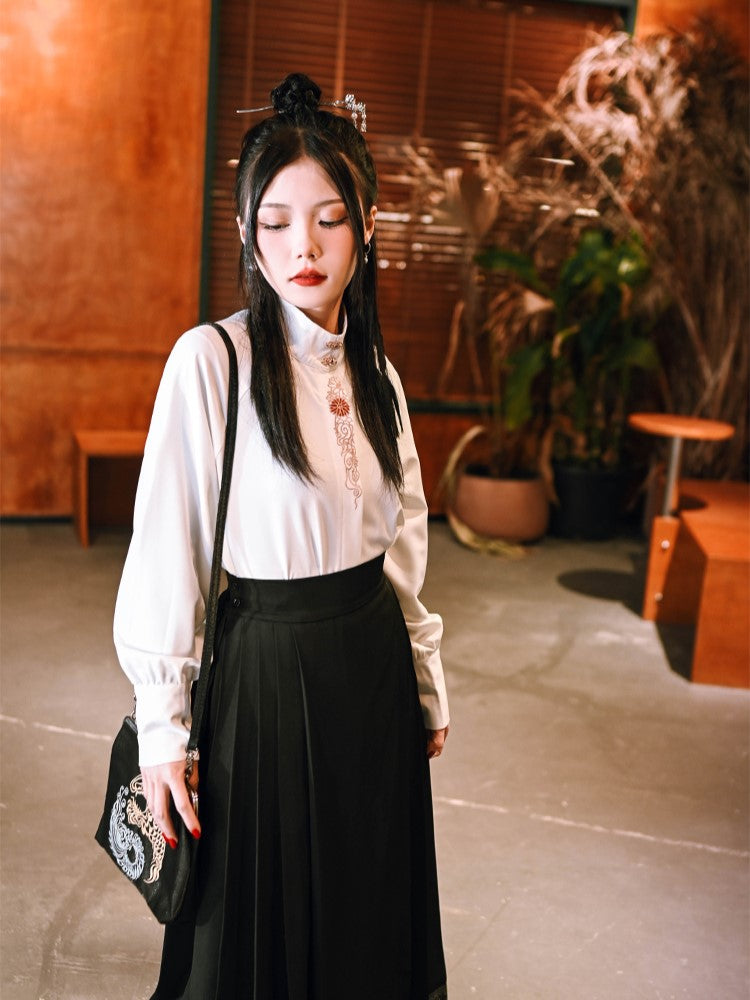 Shirt Gothic Cheongsam with Embroidery Metal Clasp White Floral