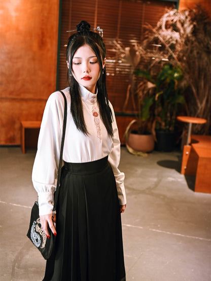 Shirt Gothic Cheongsam with Embroidery Metal Clasp White Floral