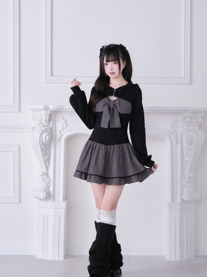 Long Design Sleeve With Black Hooded Jirai And Dress Kei Gray Striped