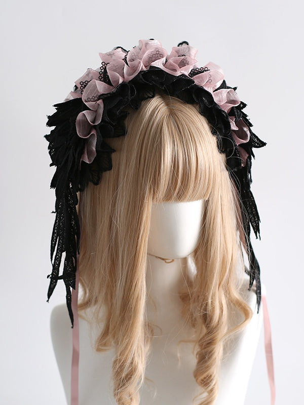 Lolita Hairband Gothic Colors Feather-Shaped Lace 8 Black