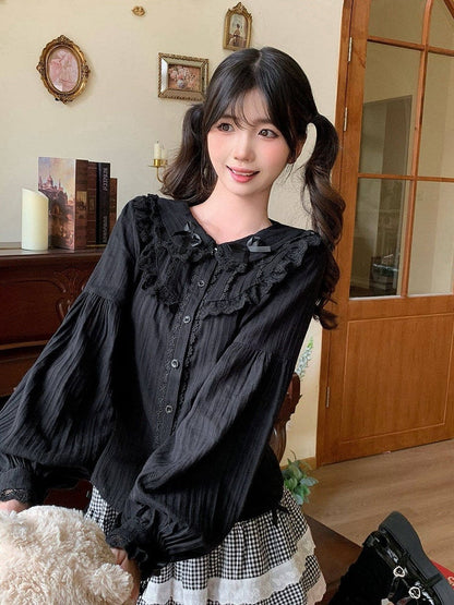 Black Bow-Trim Blouse with Lace Details - Lan Jian Chuan
