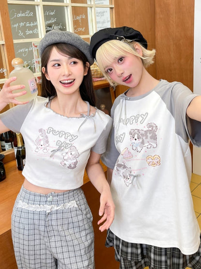 Gray Adorable Puppy Print Bowknot Long/Short Detail Version T-Shirt