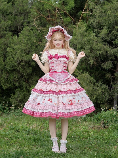 Pink Cherry Cake Print Sweet Lolita Dress with Layered Ruffles - Strawberry Fantasy