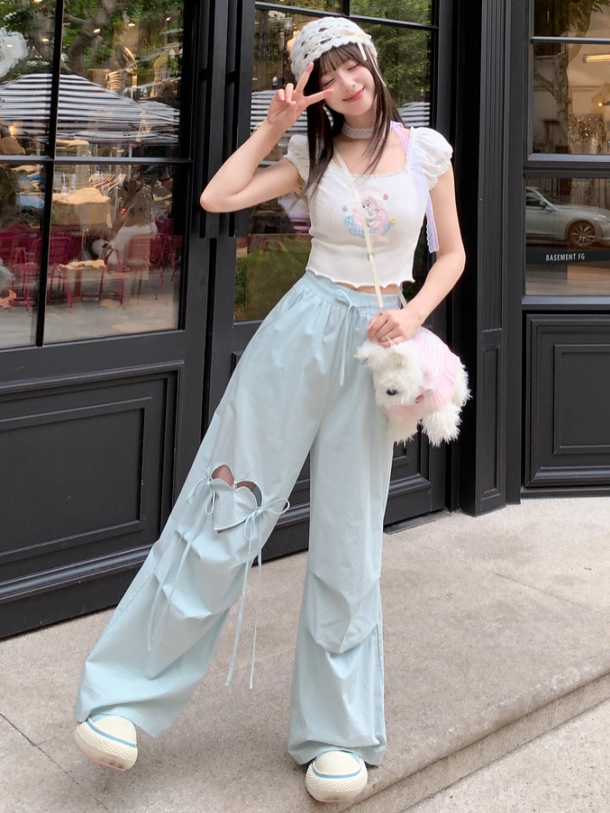 Blue/Pink Heart-shaped Cutout Wide-leg Pants Drawstring Waist