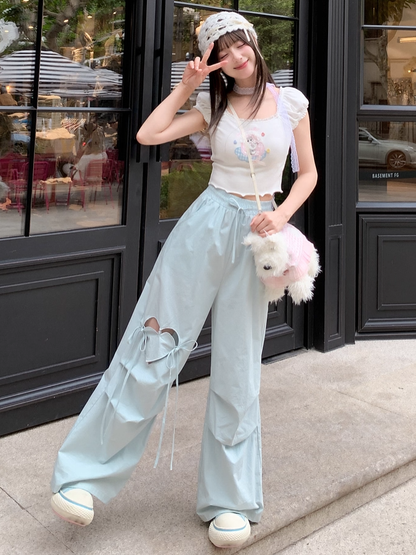 Blue/Pink Heart-shaped Cutout Wide-leg Pants Drawstring Waist