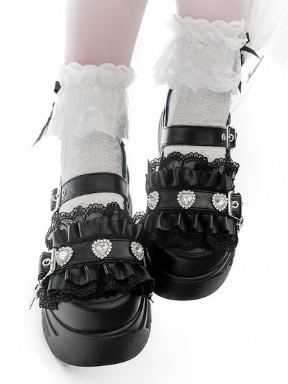 Bittersweet Heart Ruffles Black Details Rhinestone Cross Charm Trim Platforms