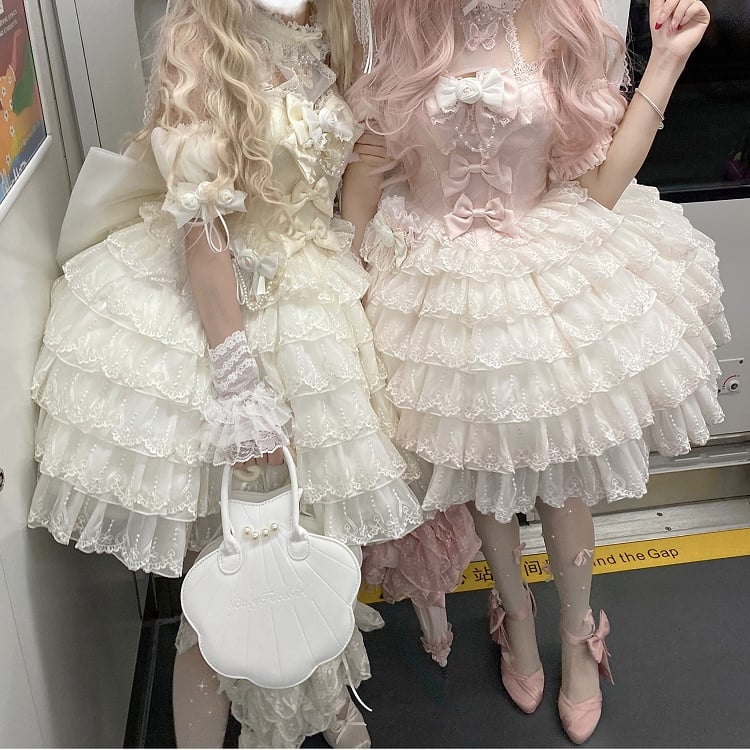 Mehrlagiges Lolita-Ballettkleid mit herzförmigem Prinzessinnen-Saum und rosa Ausschnitt und Rüschen