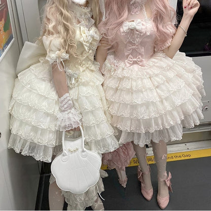 Mehrlagiges Lolita-Ballettkleid mit herzförmigem Prinzessinnen-Saum und rosa Ausschnitt und Rüschen