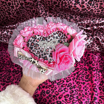 Pink/Rose Showa Ornate in Print Gyaru Hat | Rose Red Leopard Heart Style