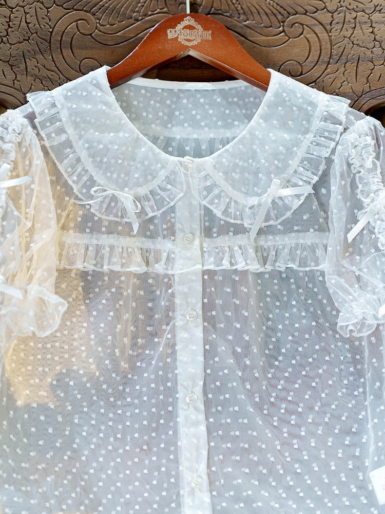 White Peter Pan Collar Polka Dot Sheer Tulle Top - Dream Magic Box