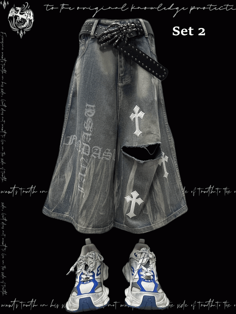 Y2K Blaue Jeans mit weitem Bein und Kreuzapplikationen im Used-Look