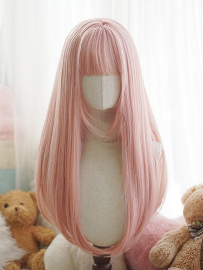 Lange, glatte Perücke in Rot/Rosa/Grün/Lila/Staubblau/Orange mit vollem Pony