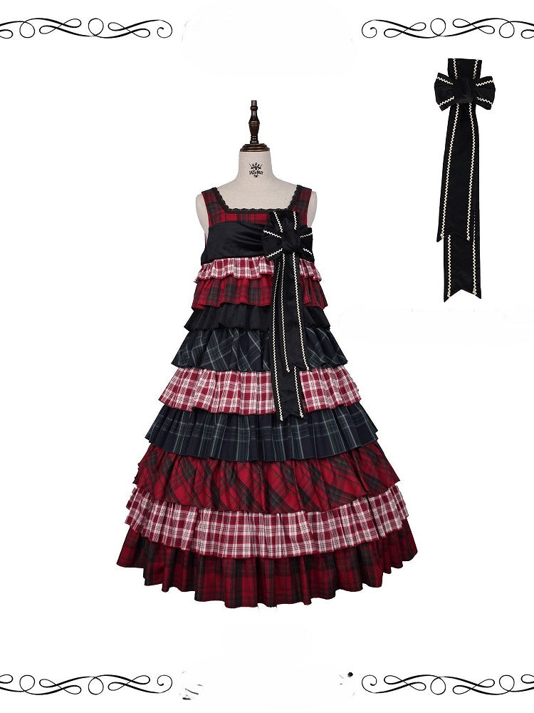 Sweet Lolita Red and Black Plaid Patchwork Long Layered JSK Gown with Bowknot Brooch - iris de nuit