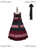 Sweet Lolita Red and Black Plaid Patchwork Long Layered JSK Gown with Bowknot Brooch - iris de nuit