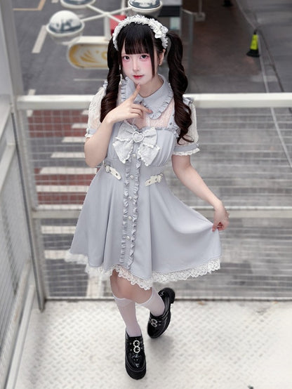 Light Blue Fake Two Piece Lace Patch Short Sleeve Dress - Puppet Bombs