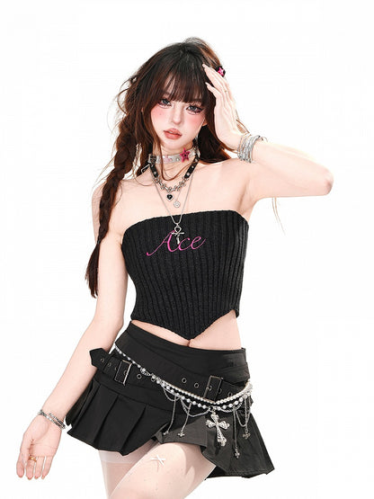 Black Curved Hem Glamorous Cropped Knitted Strapless Top with Lace-up Detail at Back