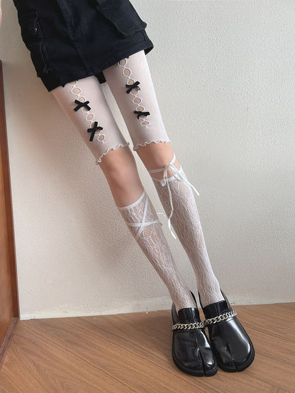 White Lace Stockings/Bowknot Shorts Underknee Design Self-tie Straps Cut-out