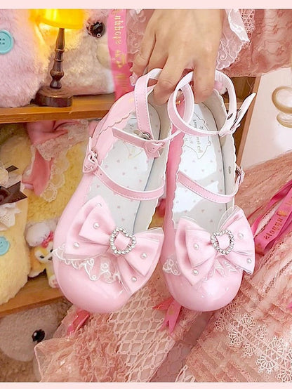 Mid Top Bow Heels Decor Heart Rhinestone with PU Elegant Pink Lolita